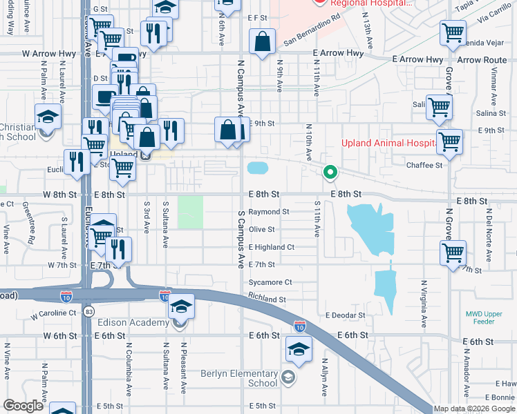 map of restaurants, bars, coffee shops, grocery stores, and more near 779 Raymond Street in Upland