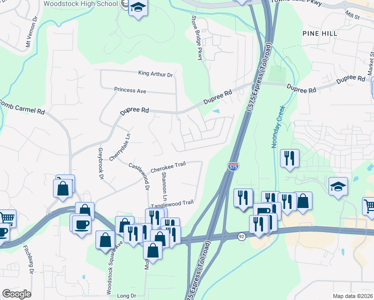 map of restaurants, bars, coffee shops, grocery stores, and more near 692 Stickley Oak Way in Woodstock