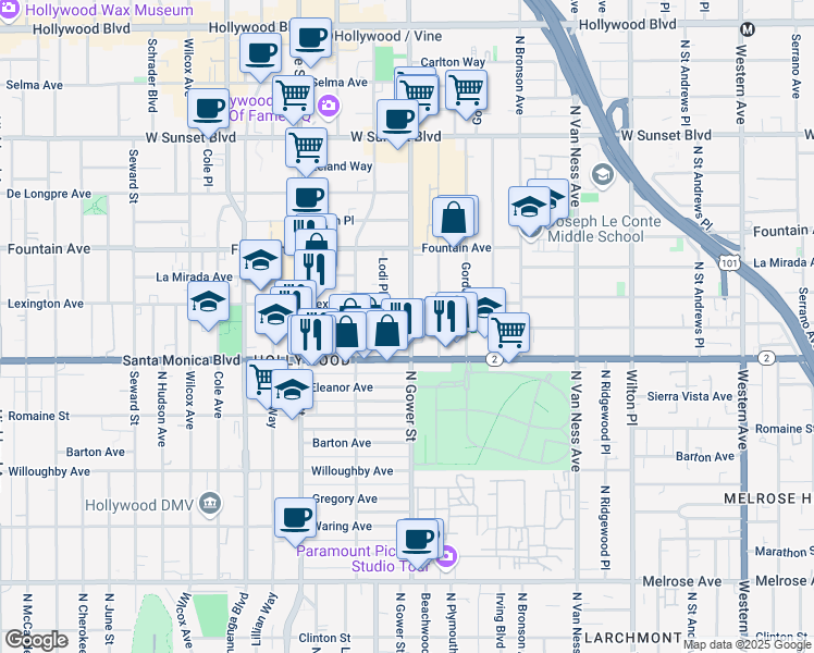 map of restaurants, bars, coffee shops, grocery stores, and more near 1149 North Gower Street in Los Angeles
