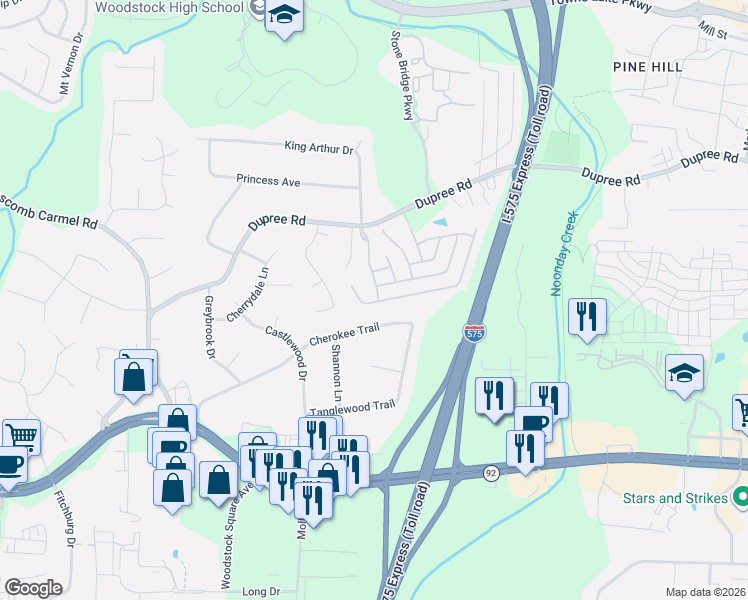 map of restaurants, bars, coffee shops, grocery stores, and more near 724 Stickley Oak Way in Woodstock