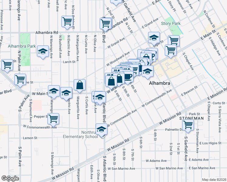 map of restaurants, bars, coffee shops, grocery stores, and more near 600 West Main Street in Alhambra