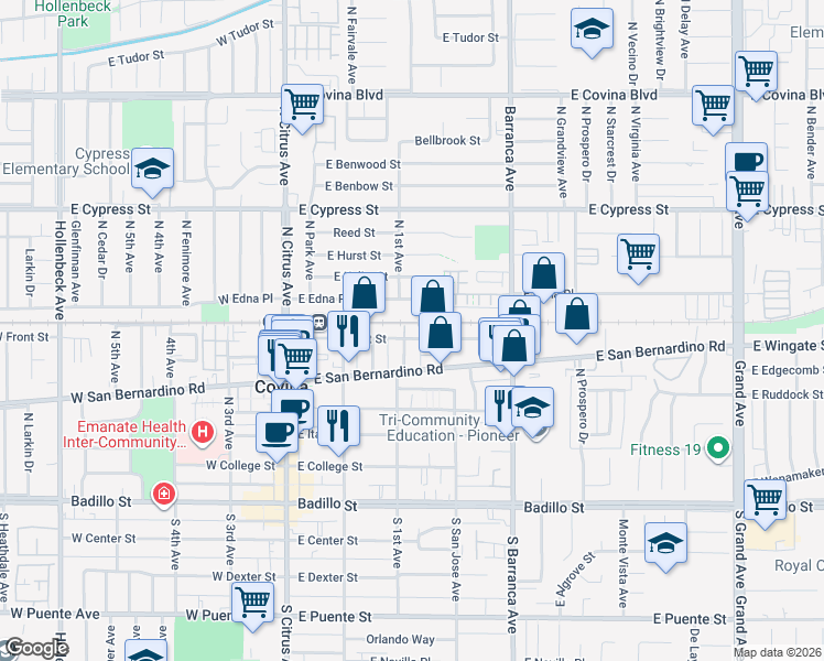 map of restaurants, bars, coffee shops, grocery stores, and more near 319 East Front Street in Covina