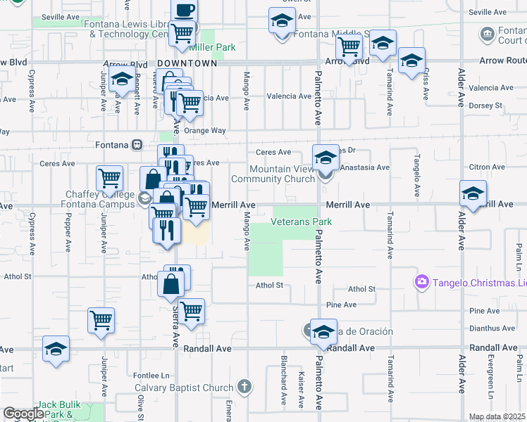 map of restaurants, bars, coffee shops, grocery stores, and more near 17149 Merrill Avenue in Fontana