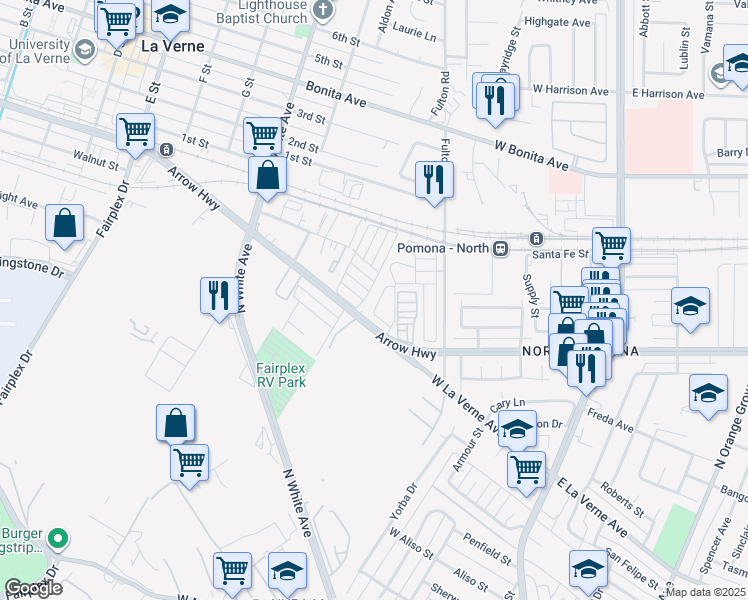 map of restaurants, bars, coffee shops, grocery stores, and more near 2755 Arrow Highway in La Verne