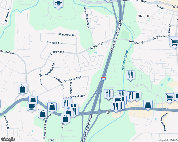 map of restaurants, bars, coffee shops, grocery stores, and more near 677 Stickley Oak Way in Woodstock