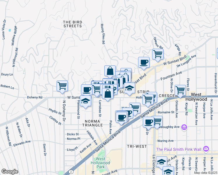 map of restaurants, bars, coffee shops, grocery stores, and more near 8788 Shoreham Drive in West Hollywood