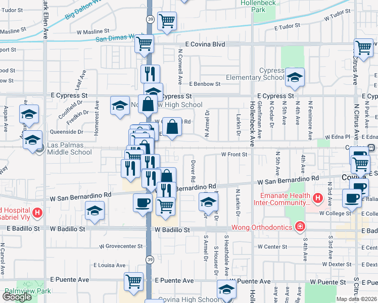 map of restaurants, bars, coffee shops, grocery stores, and more near 749 West Front Street in Covina