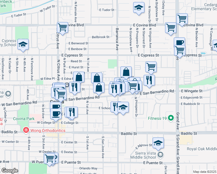 map of restaurants, bars, coffee shops, grocery stores, and more near 425 East Front Street in Covina