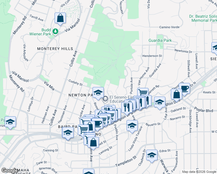 map of restaurants, bars, coffee shops, grocery stores, and more near Drysdale Avenue in Los Angeles
