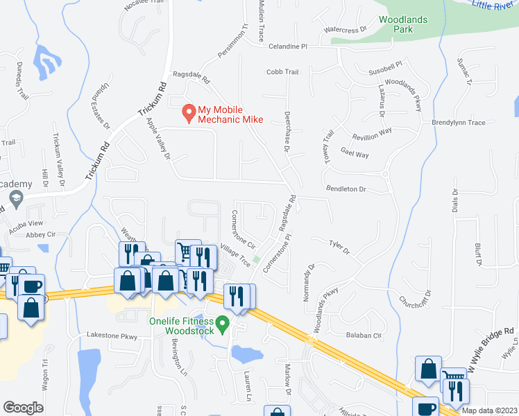 map of restaurants, bars, coffee shops, grocery stores, and more near 302 Montgomery Way in Woodstock