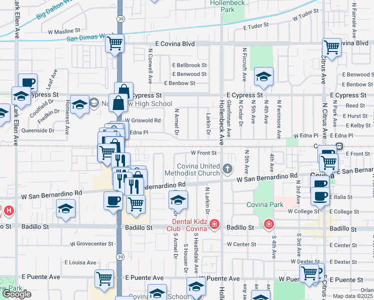 map of restaurants, bars, coffee shops, grocery stores, and more near 627 West Front Street in Covina