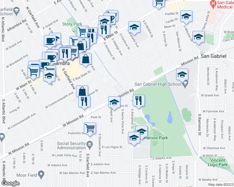map of restaurants, bars, coffee shops, grocery stores, and more near 510 San Pasqual Drive in Alhambra