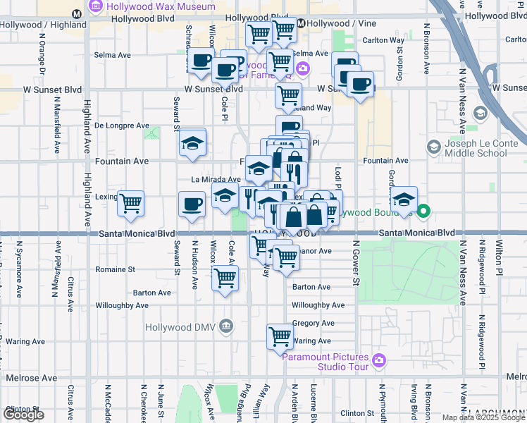 map of restaurants, bars, coffee shops, grocery stores, and more near 1135 Lillian Way in Los Angeles