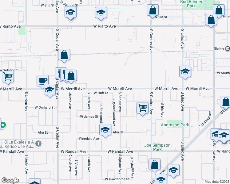 map of restaurants, bars, coffee shops, grocery stores, and more near 519 South Beechwood Avenue in Rialto