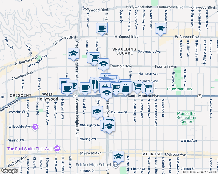 map of restaurants, bars, coffee shops, grocery stores, and more near 1145 North Orange Grove Avenue in West Hollywood