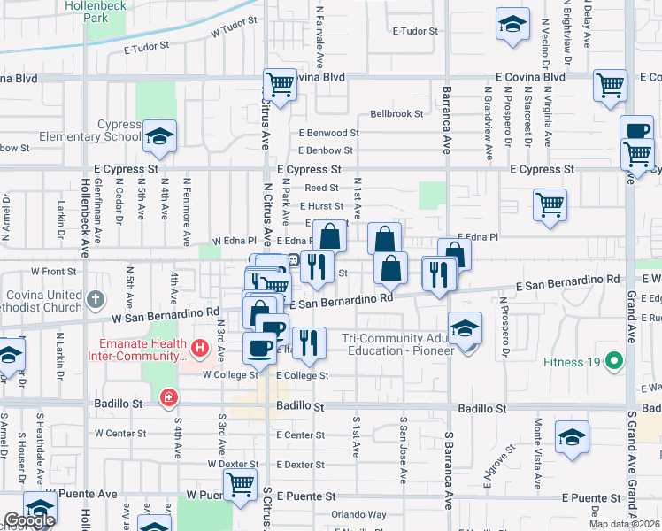map of restaurants, bars, coffee shops, grocery stores, and more near 251 East Front Street in Covina