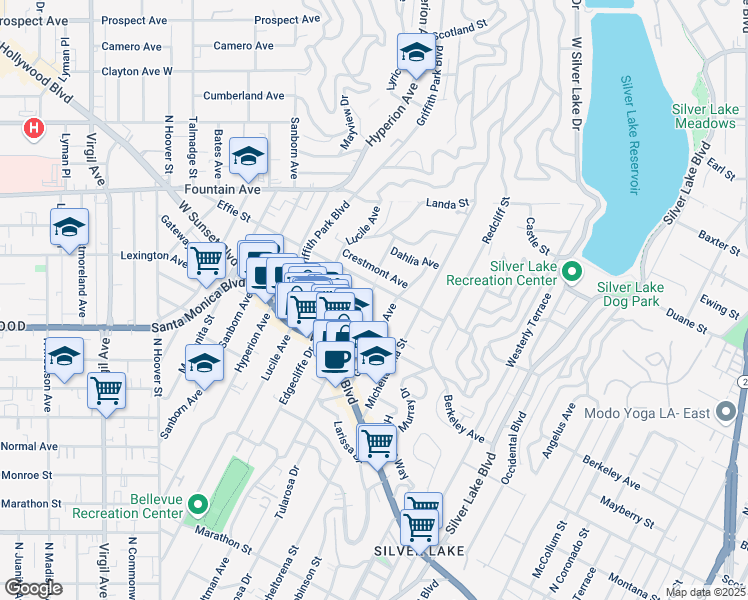 map of restaurants, bars, coffee shops, grocery stores, and more near 1650 Maltman Avenue in Los Angeles