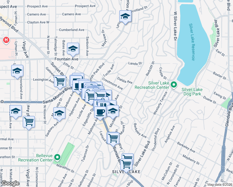 map of restaurants, bars, coffee shops, grocery stores, and more near in Los Angeles