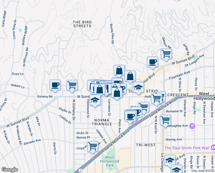 map of restaurants, bars, coffee shops, grocery stores, and more near 1145 Larrabee Street in West Hollywood