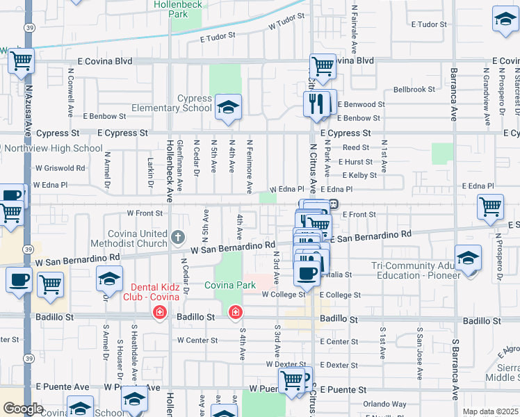 map of restaurants, bars, coffee shops, grocery stores, and more near 534 North Chardonnay Drive in Covina