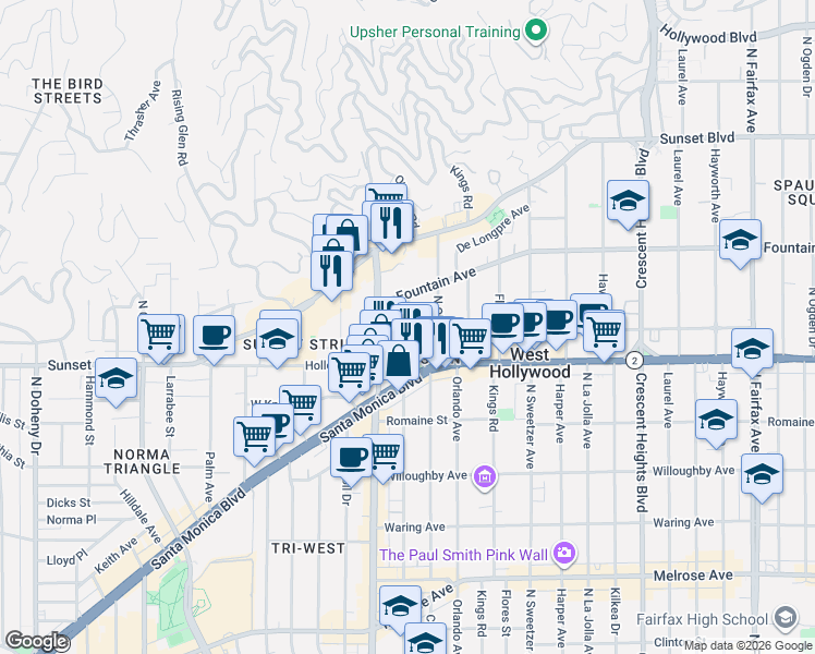 map of restaurants, bars, coffee shops, grocery stores, and more near Hacienda Place in West Hollywood