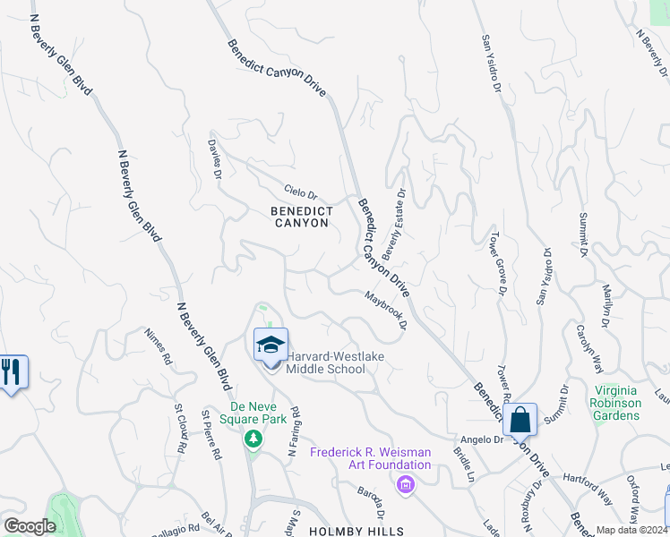 map of restaurants, bars, coffee shops, grocery stores, and more near 10051 Hillgrove Drive in Beverly Hills