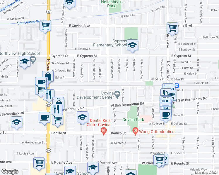 map of restaurants, bars, coffee shops, grocery stores, and more near 610 North Hollenbeck Avenue in Covina