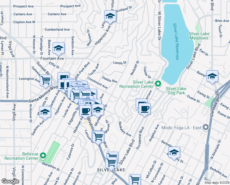 map of restaurants, bars, coffee shops, grocery stores, and more near 1712 Micheltorena Street in Los Angeles