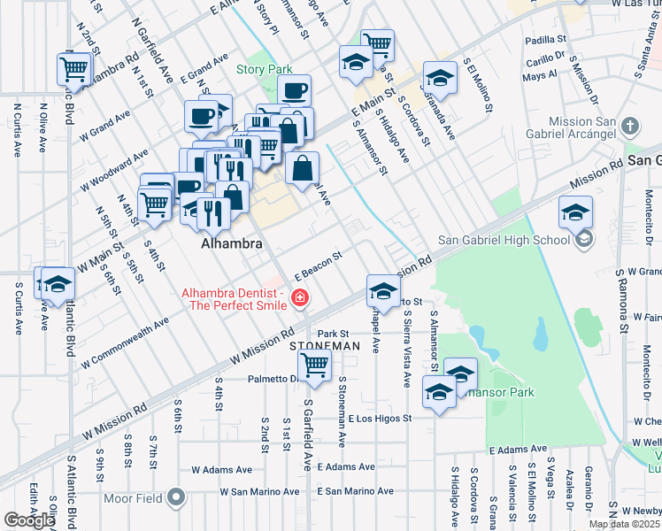 map of restaurants, bars, coffee shops, grocery stores, and more near 120 East Beacon Street in Alhambra