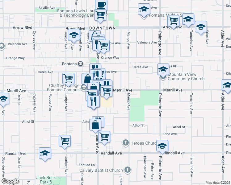 map of restaurants, bars, coffee shops, grocery stores, and more near 17015 Merrill Avenue in Fontana