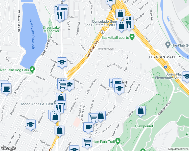 map of restaurants, bars, coffee shops, grocery stores, and more near 2068 Cerro Gordo Street in Los Angeles