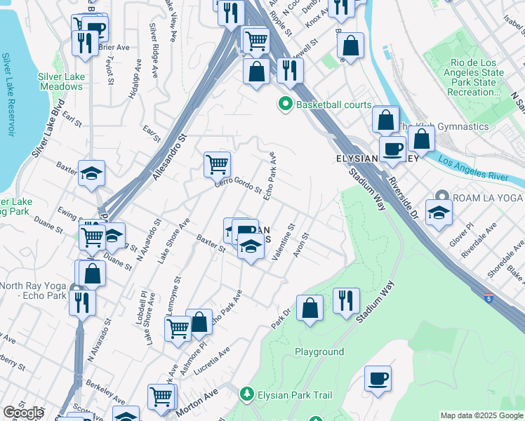 map of restaurants, bars, coffee shops, grocery stores, and more near 2217 Echo Park Avenue in Los Angeles