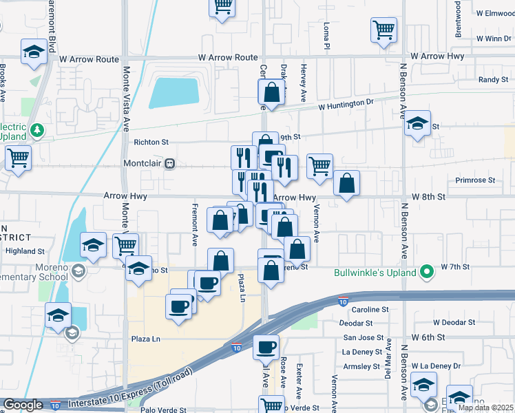 map of restaurants, bars, coffee shops, grocery stores, and more near 8950 Central Ave in Montclair