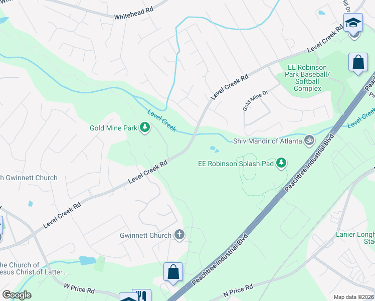 map of restaurants, bars, coffee shops, grocery stores, and more near 496 Level Creek Road in Buford