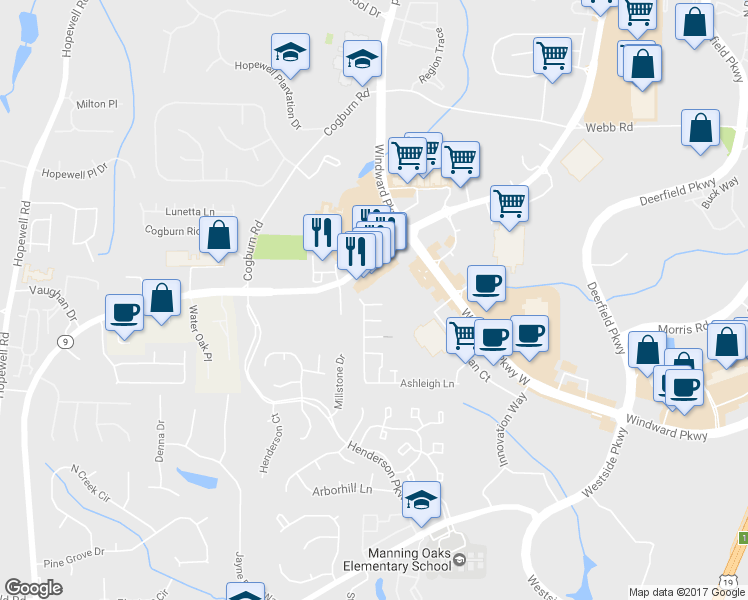 map of restaurants, bars, coffee shops, grocery stores, and more near 2607 Ashleigh Lane in Alpharetta