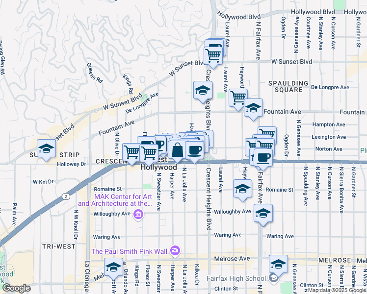 map of restaurants, bars, coffee shops, grocery stores, and more near 8219 Norton Avenue in West Hollywood
