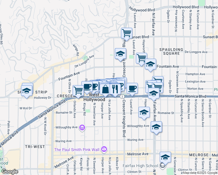 map of restaurants, bars, coffee shops, grocery stores, and more near 8219 Norton Avenue in West Hollywood