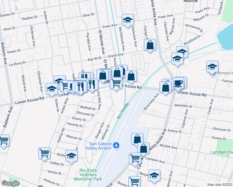 map of restaurants, bars, coffee shops, grocery stores, and more near 10724 Lower Azusa Road in El Monte