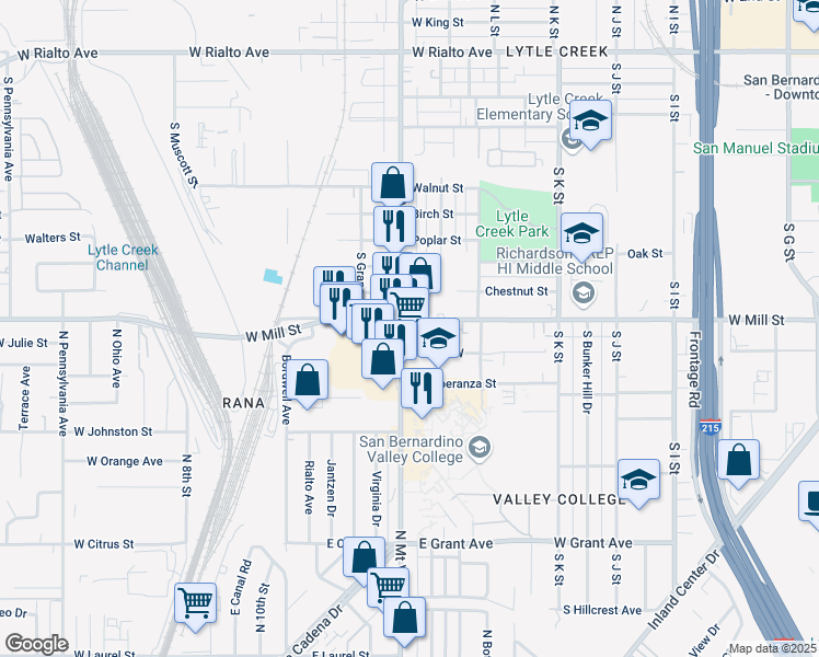 map of restaurants, bars, coffee shops, grocery stores, and more near 507 South Mount Vernon Avenue in San Bernardino