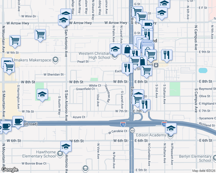 map of restaurants, bars, coffee shops, grocery stores, and more near 228 Greentree Road in Upland