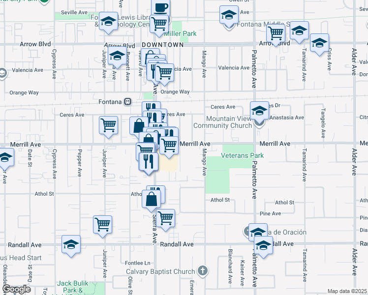 map of restaurants, bars, coffee shops, grocery stores, and more near 17015 Merrill Avenue in Fontana