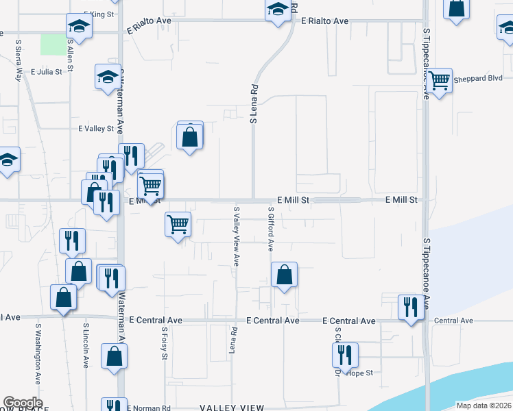 map of restaurants, bars, coffee shops, grocery stores, and more near East Mill Street in San Bernardino