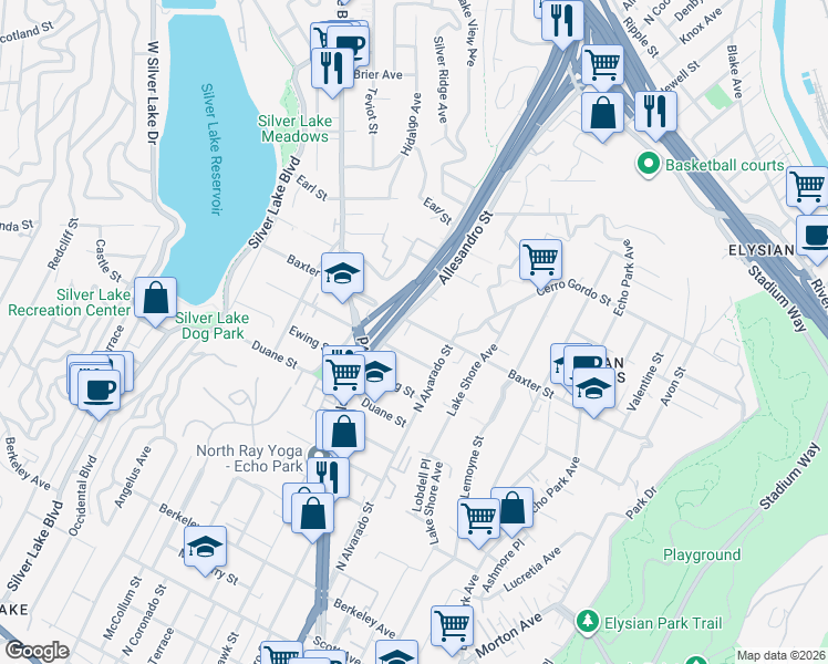 map of restaurants, bars, coffee shops, grocery stores, and more near 2142 Baxter Street in Los Angeles