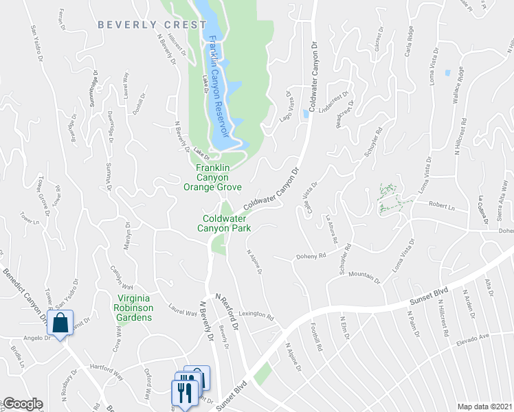 map of restaurants, bars, coffee shops, grocery stores, and more near 1114 Coldwater Canyon Drive in Beverly Hills