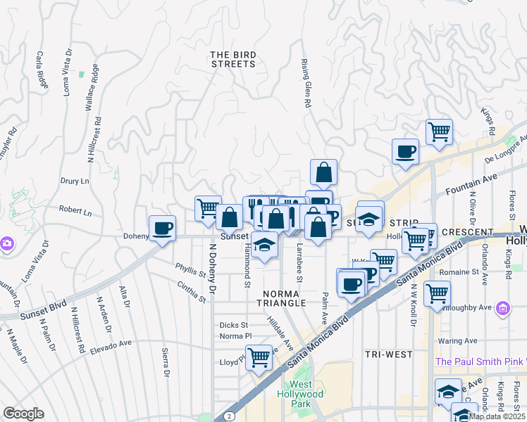 map of restaurants, bars, coffee shops, grocery stores, and more near 1215 Hilldale Avenue in Los Angeles