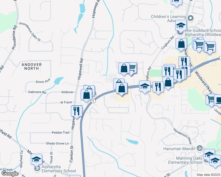 map of restaurants, bars, coffee shops, grocery stores, and more near 612 North Main Street in Alpharetta