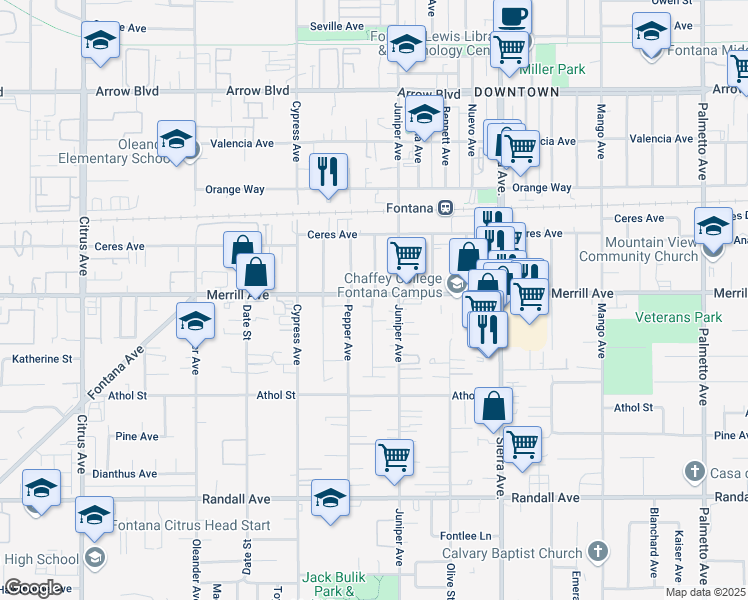 map of restaurants, bars, coffee shops, grocery stores, and more near 8949 Sewell Avenue in Fontana