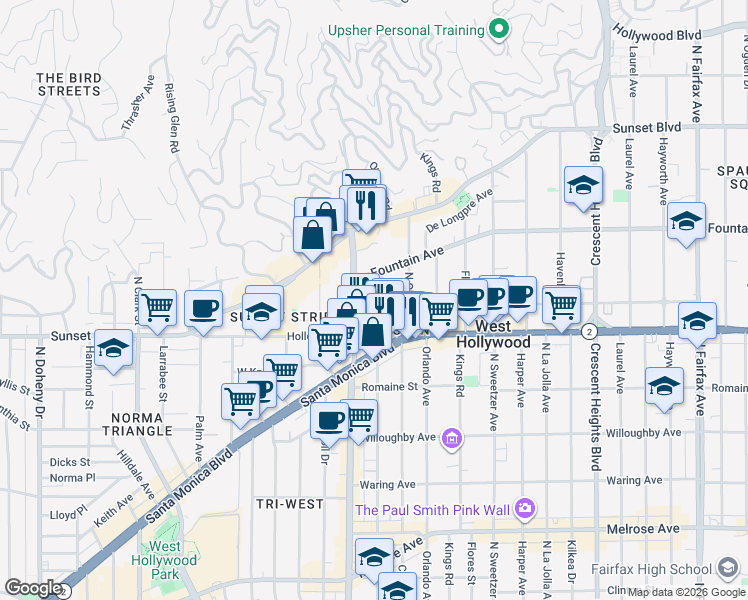 map of restaurants, bars, coffee shops, grocery stores, and more near 1147 Hacienda Place in West Hollywood