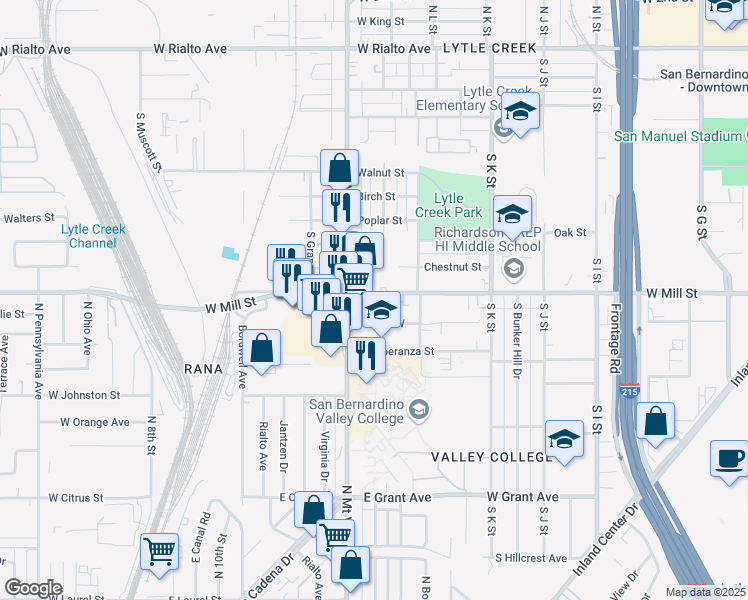map of restaurants, bars, coffee shops, grocery stores, and more near 1273 West Mill Street in San Bernardino