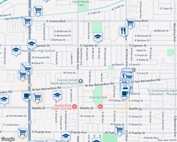 map of restaurants, bars, coffee shops, grocery stores, and more near 591 North 5th Avenue in Covina